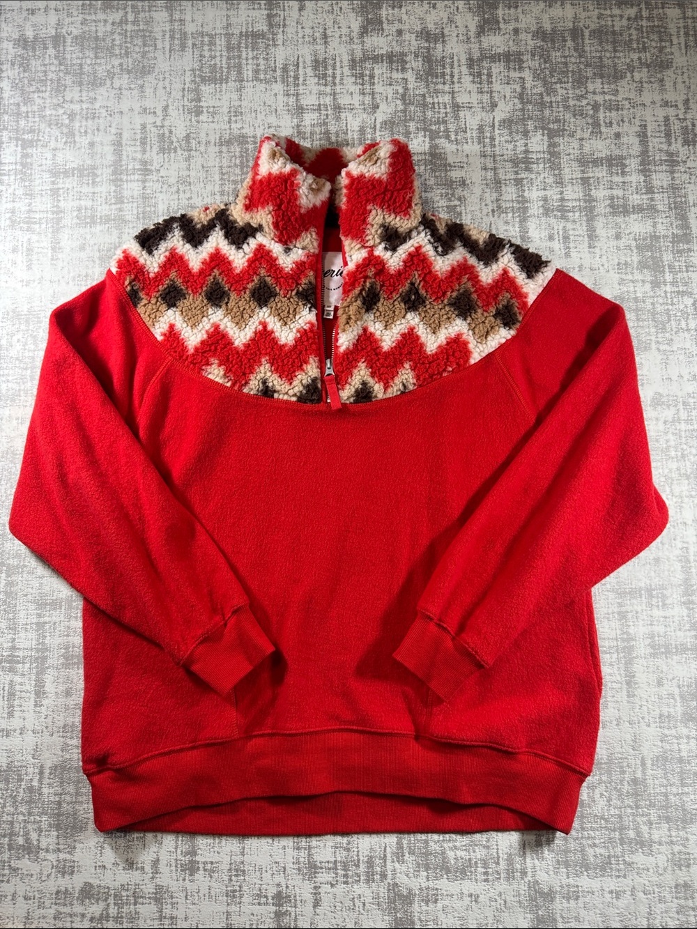 Aerie Hometown Holiday Quarter Zip Sweatshirt Red Sherpa Tribal sz XXS 25X23PTP
